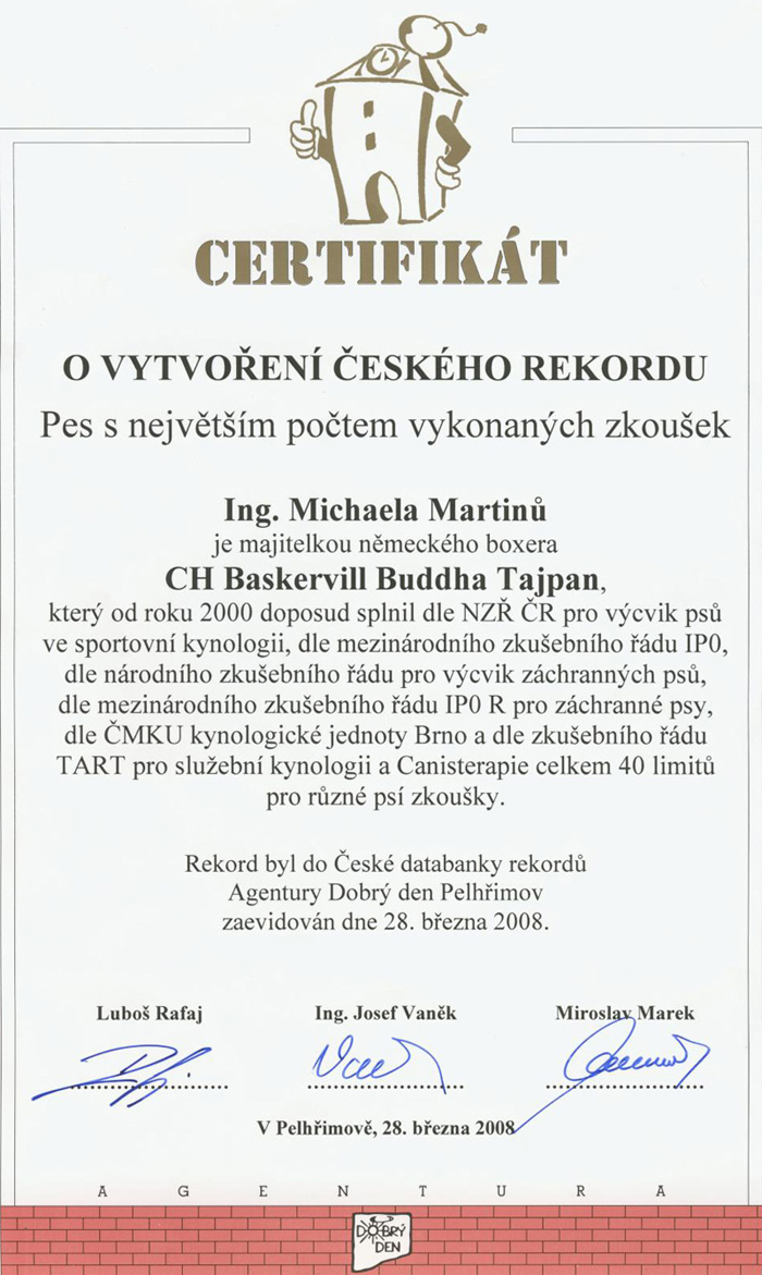 Certifikát o vytvoření českého rekordu