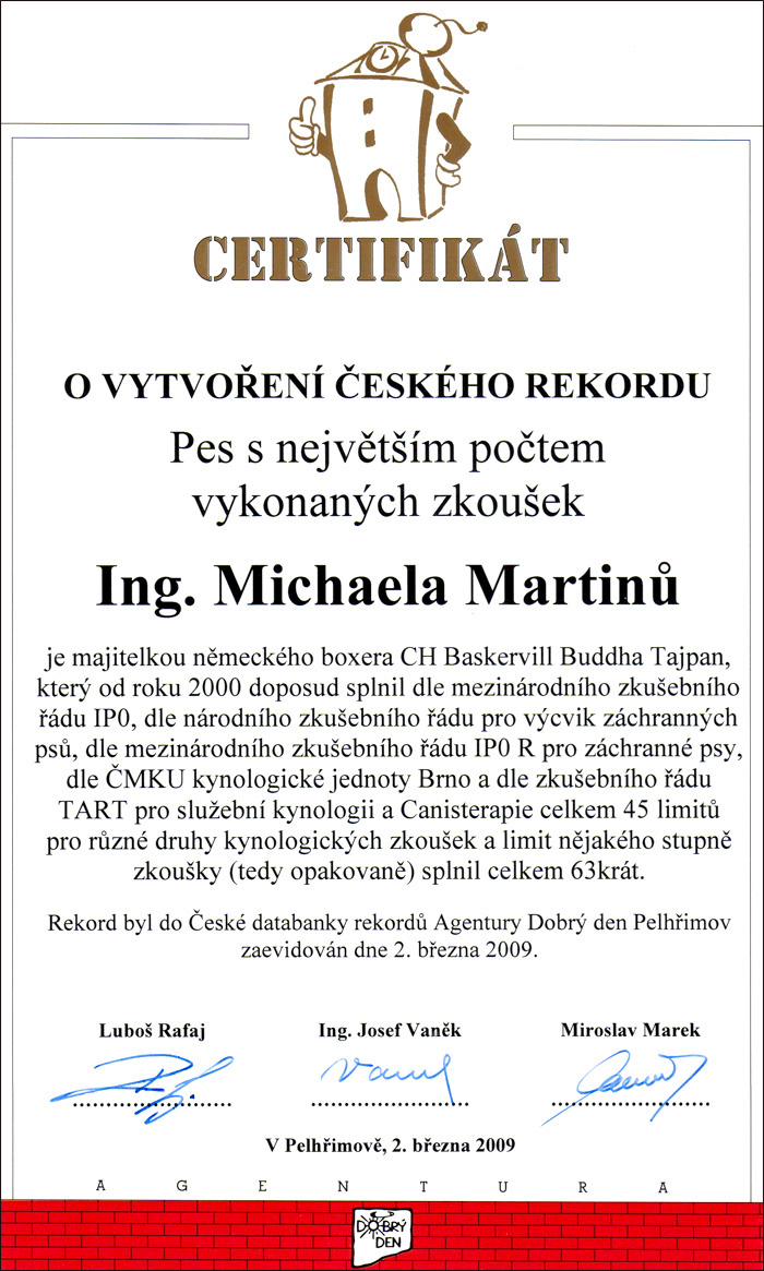 Certifikát o vytvoření českého rekordu